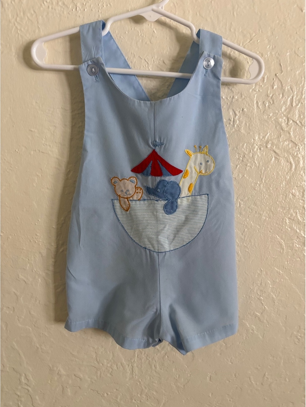 Vintage Baby Blue Circus Animal Appliqué Jon Jon Romper Cross Back